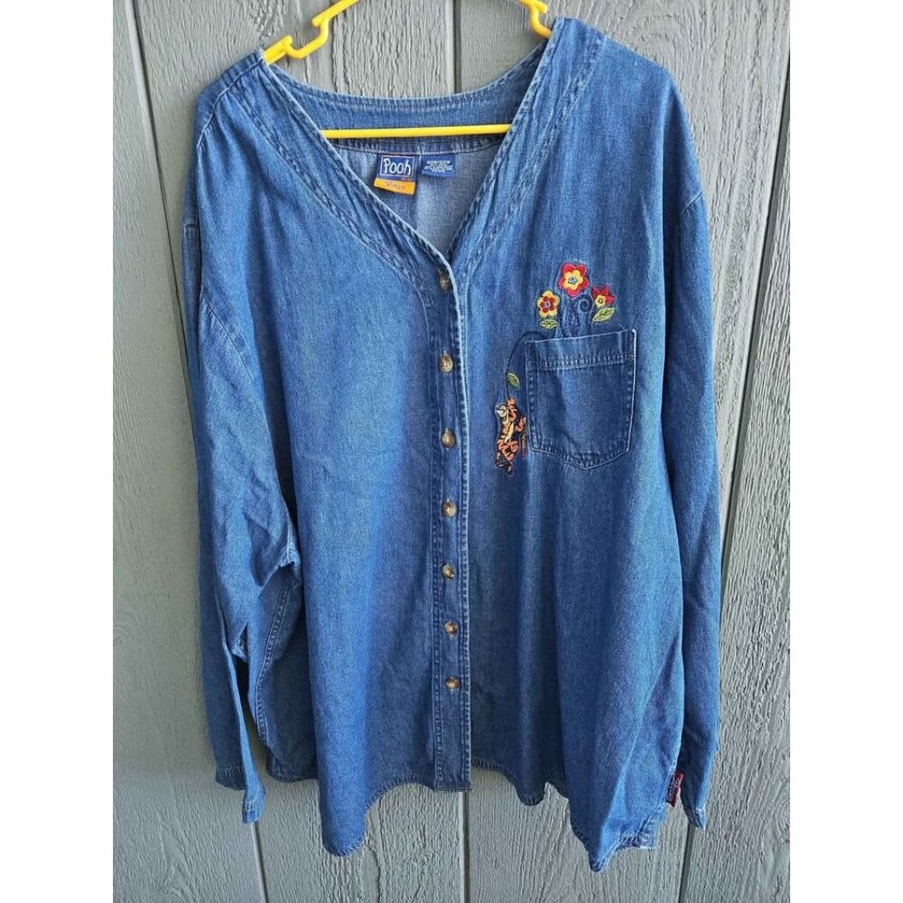 Vintage Womens Plus Size 30W / 32W (5x) Tigger Disney Winnie The Pooh Denim Shir
